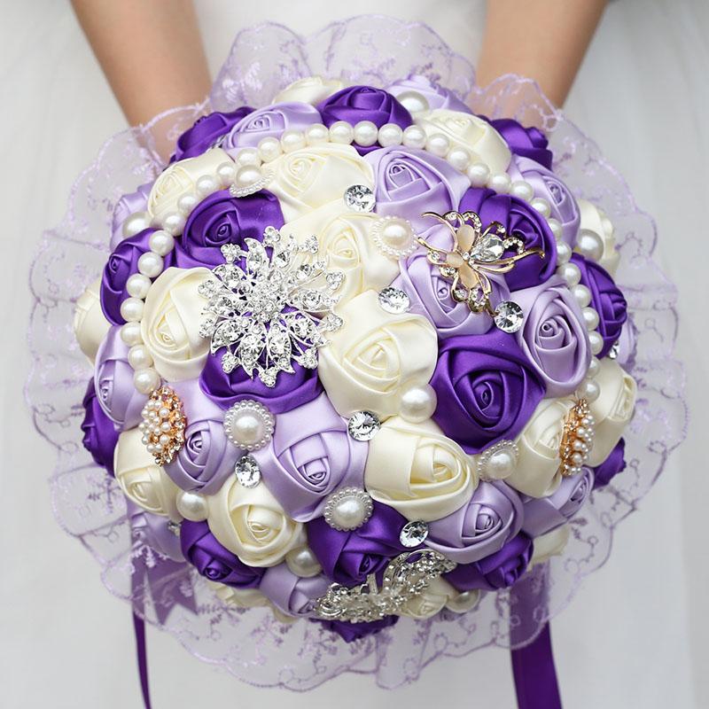 Large Purple Bridal Wedding Bouquet Pearl Bridesmaid Artificial Flowers Buque De Noiva Diamond Bouquets Marriage Gift W280 Decorative & Wrea