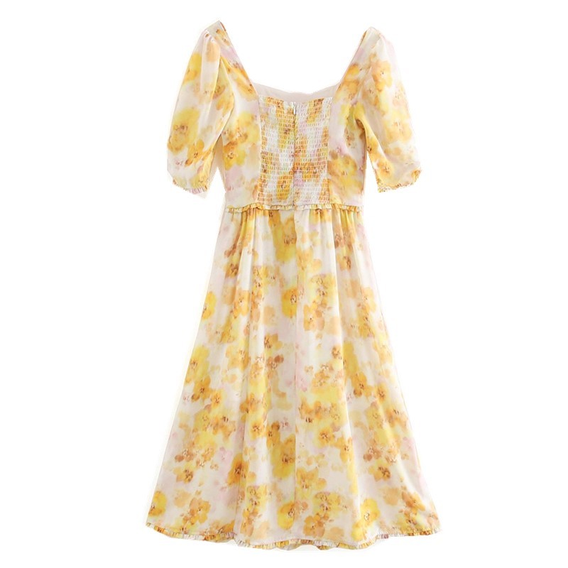 Holiday Style Square Collar Floral Print Ruffled Midi Dress Bohemian Puff Sleeve Elastic Back Woman Dresses Female Clothes 210429