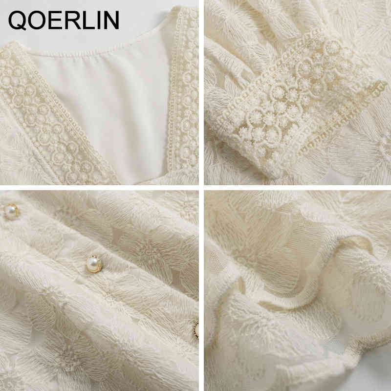 QOERLIN S2XL Chic Elegant Vneck Lantern Sleeve Shirt Blouse Women Korean Sweet Plus Size Apricot Hollow Out Tops Blusa Mujer 210412