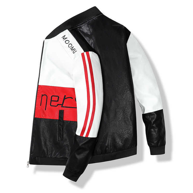 Letter Print Leather Jacket Men Biker Jackets Fashion Zipper Stand Collar PU Jacket Mens Autumn Stripes Coats Streetwear 211018