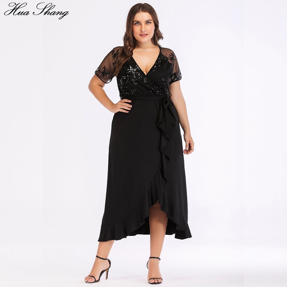 Women Summer Casual Dress Plus Size Female V Neck Short Sleeve Sequied Party Dresses Ruffles Irregular Maxi Long Dress 210331