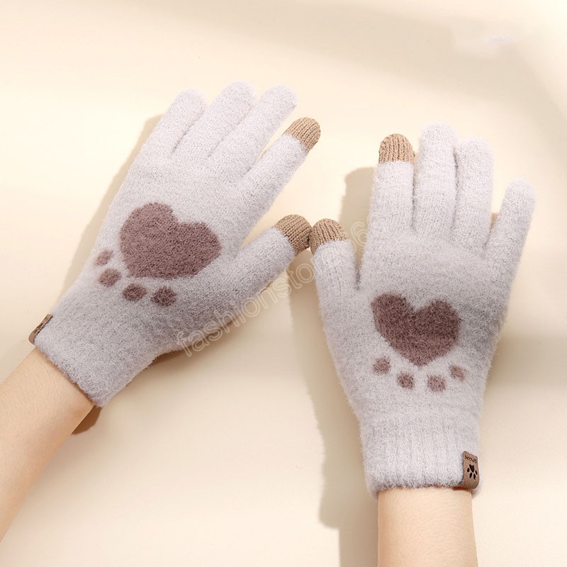 Winter Warm Soft Women Touch Screen Gloves Sweet Heart Print Fuzzy Full Fingers Gloves Cute Kawaii Female Knit Mittens