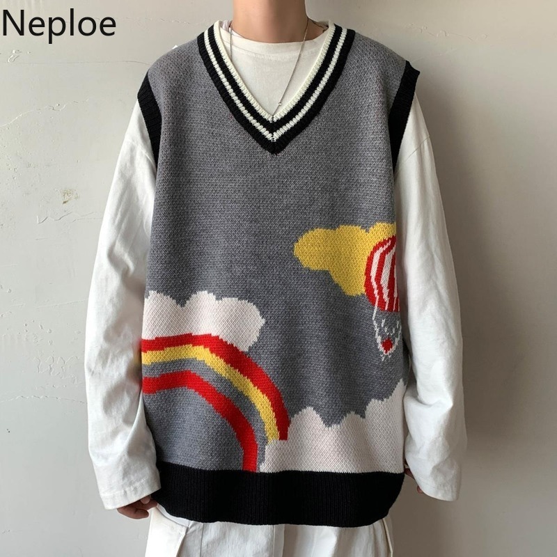 Neploe Rainbow Crochet Floral Sweaters Vest Women BF Streetwear Korean Fashion Knit Pullovers Coat Plus Size Outwear Tank Coat 210422