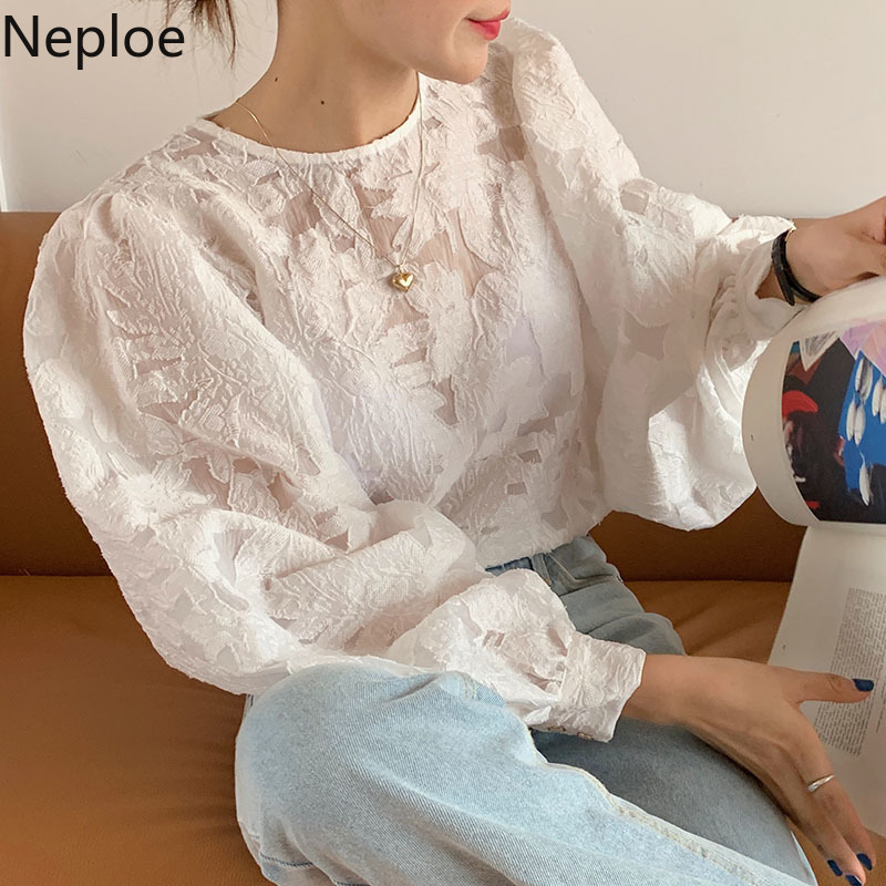 Neploe Korean Chic Blouses Women O-neck Lantern Sleeve See Through Shirt Tops Floral Lose Elegant White Blouse Blusas Mujer 210422
