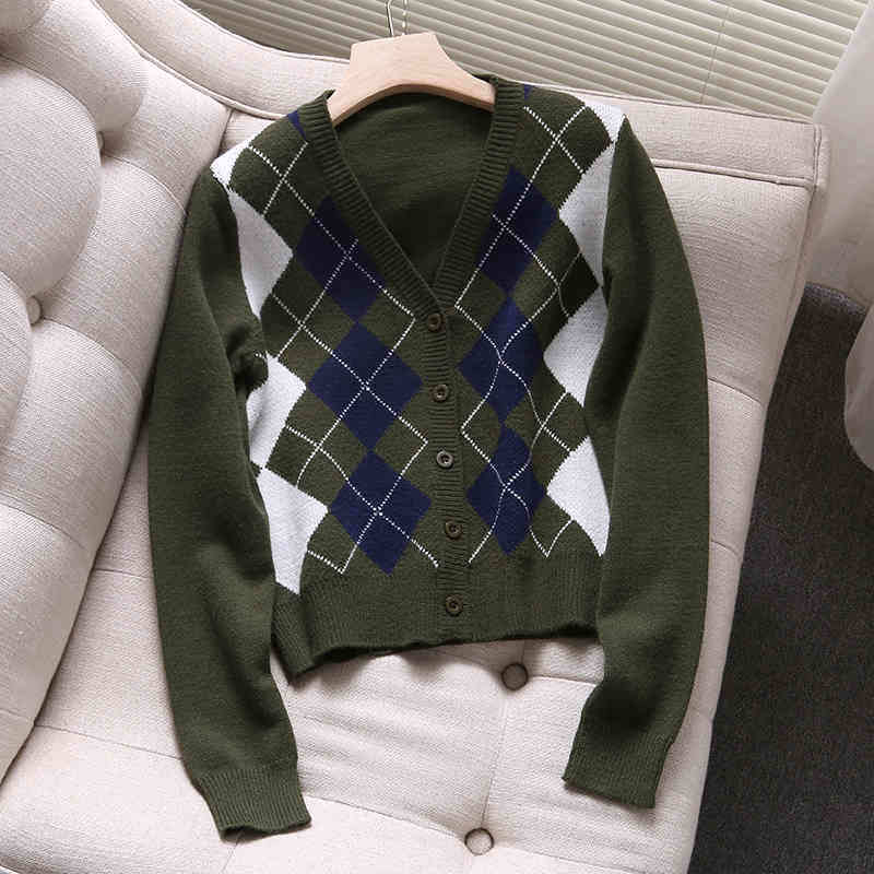 Elegant Women V-neck Button Sweater Autumn Fashion Ladies Plaid Female Sweet Girls Slim Cardigans Chic 210430