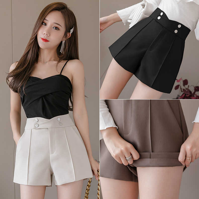 Plus Size Suits Shorts Women Summer High Waist Solid Black Office Work Ladies Pocket Gray Wide Leg Trouser S-XL 210714
