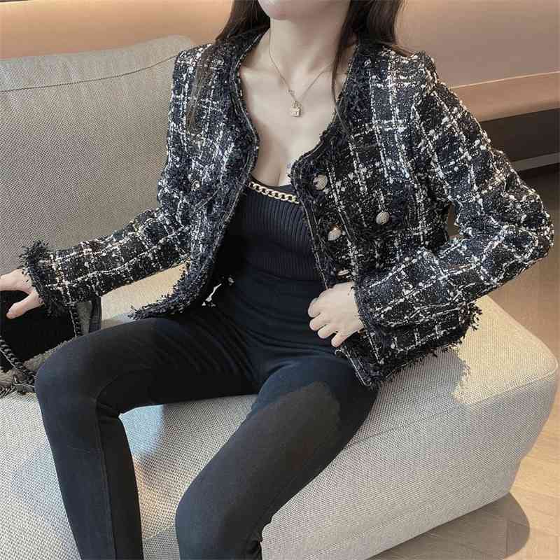 Elegant Korean Chic Tweed Women Jacket Long Sleeve O-Neck Spring Coat Fashion Single Breasted Jackets Femme 210520