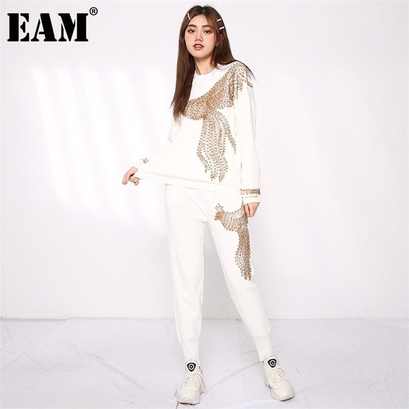[EAM] Wide Leg Pants Knitting Two Piece Suit Round Neck Long Sleeve Loose Fit Women Fashion Autumn Winter 3AC224 211116