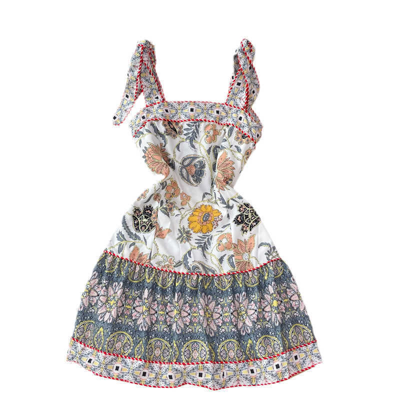 DEAT Women Printing Sling Dress Slash Neck Sleeveless Arrivals Lady Temperament Fashion Spring Summer 11D1405 210709