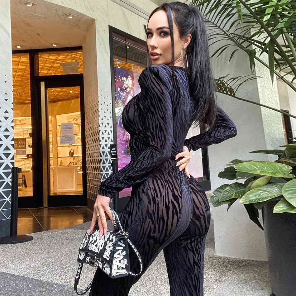 Free Chic Black Velvet Jumpsuit Fashion Long Sleeve Women's Striped Runway Party Bodycon 210524