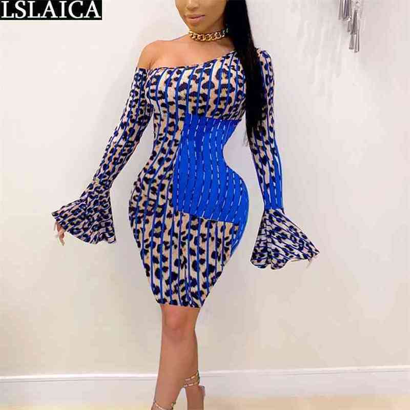 Woman Dress Fashion Sexy Leopard Print Slash Neck Club Flare Sleeves Party Color Matching Mini Kobieta Sukienka 210515