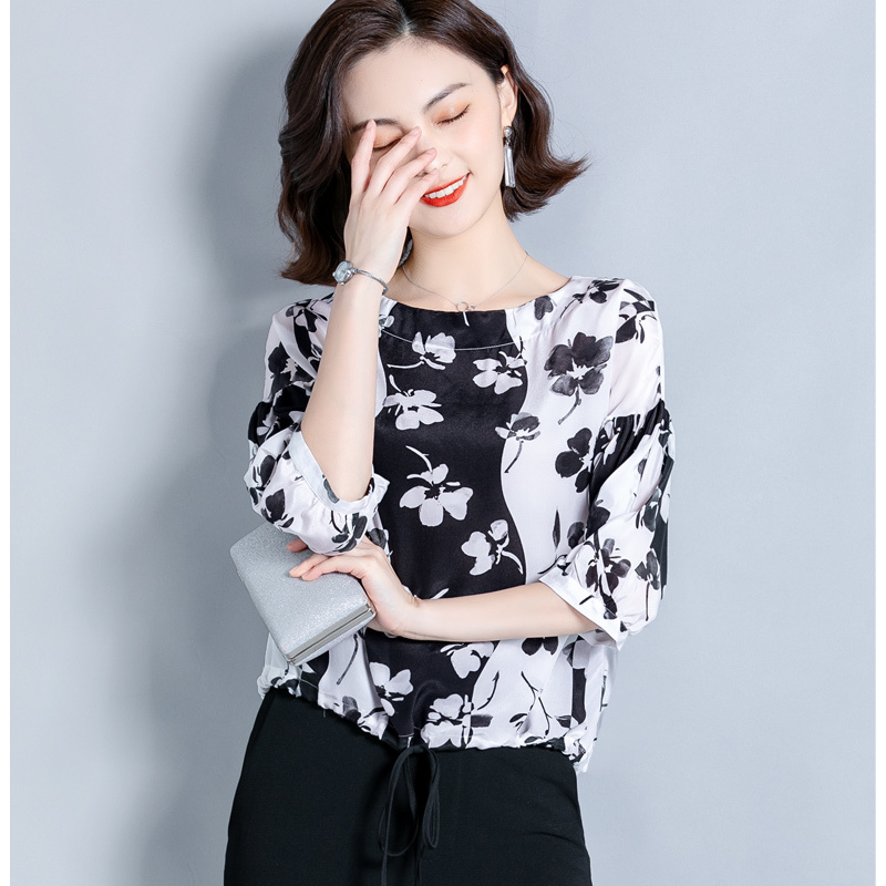 Korean Silk Shirt Women Summer Print Plus Size Office Lady Tops Blusas Mujer De Moda High Quality Blouses Femme 10159 210506