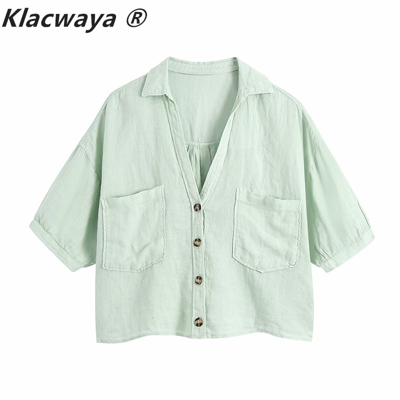 Women Fashion Candy Color Double Pockets Loose Linen Smock Blouse Lady Buttons Short Shirt Chic Kimono Blusas Tops 210521
