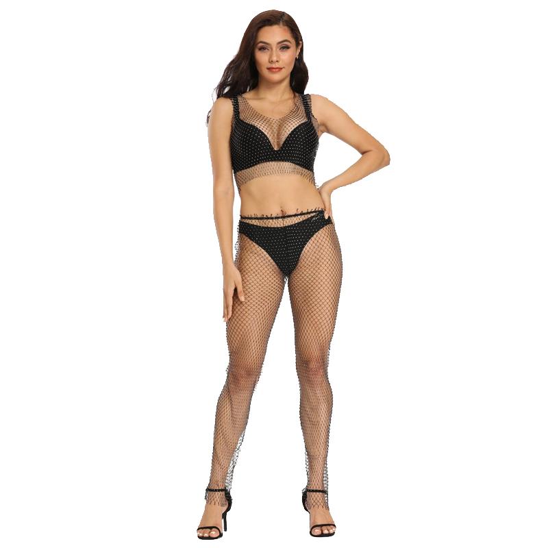 Fashion Siny Rhinestones Fishnet Two 2 Piece Set Women Sexy Halter Crop Top Mesh Hollow Out Long Pants Summer Beach Outfits 2021 Women's Tra