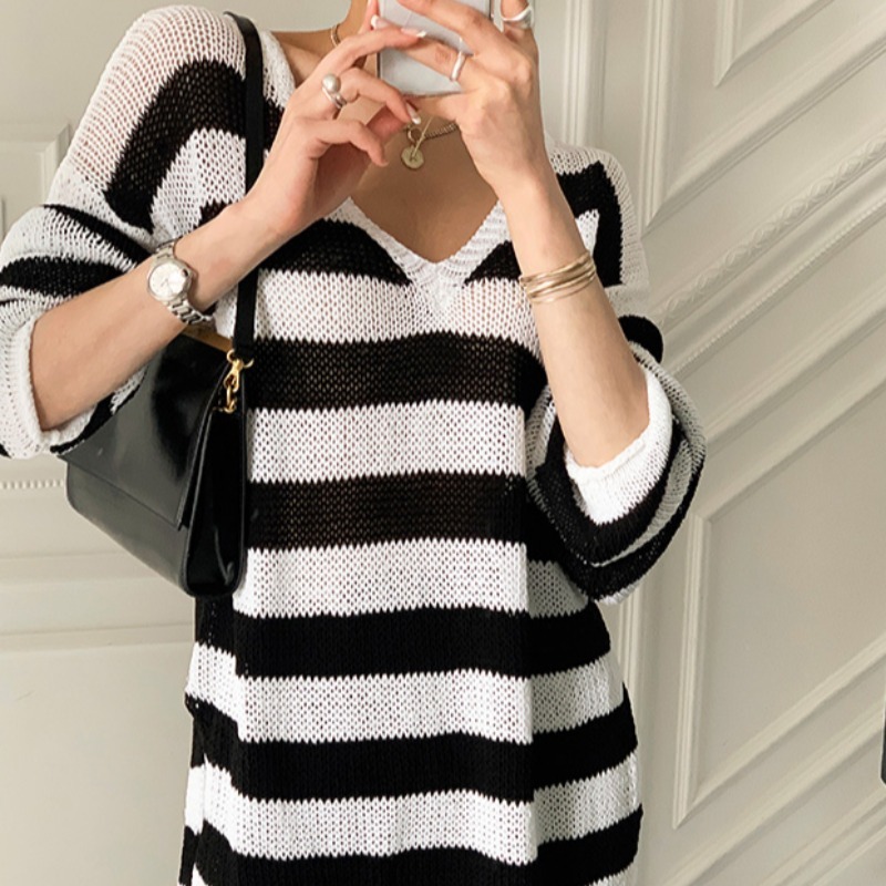 Summer Thin Knitted Pullover Sweater Women Full Sleeve V-neck Sunsreen Tops Korean Fashion Ladies Jumpers Femme 210514