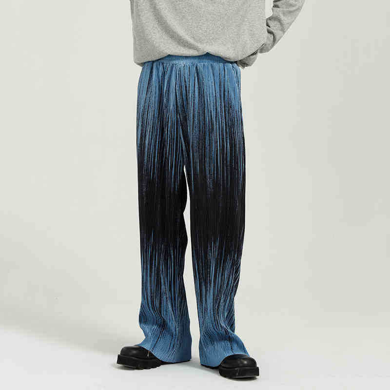 IEFB Men's Clothing Summer Wide Leg Trousers Korean Trend Personalized Tie Dye Stripe Pleated Loose Straight Pants 210524