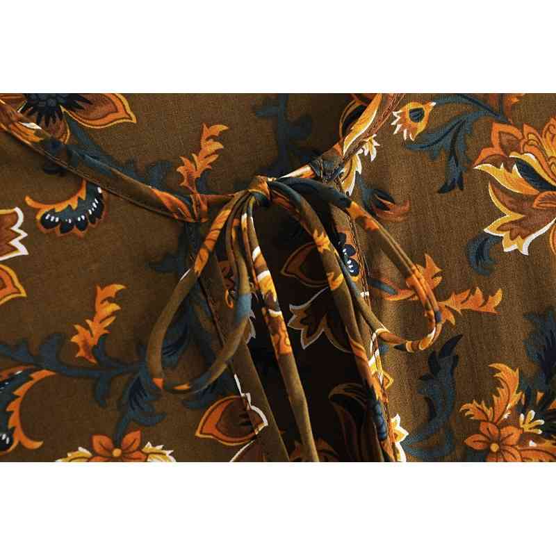 BOHO Lacing up V neck Floral Print Dress Coffee Ethnic Woman Bandage Maxi Long Cotton Sleeve Dresses Holiday Vestido 210429