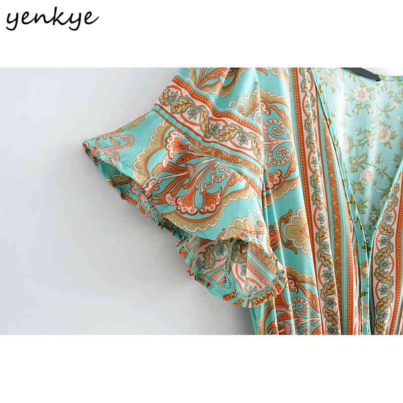 YENKYE Floral Print Holiday Summer Boho Dress Women V Neck Short Sleeve Drawstring Waist A-line Casual Long Maxi Dress Vestido 210515