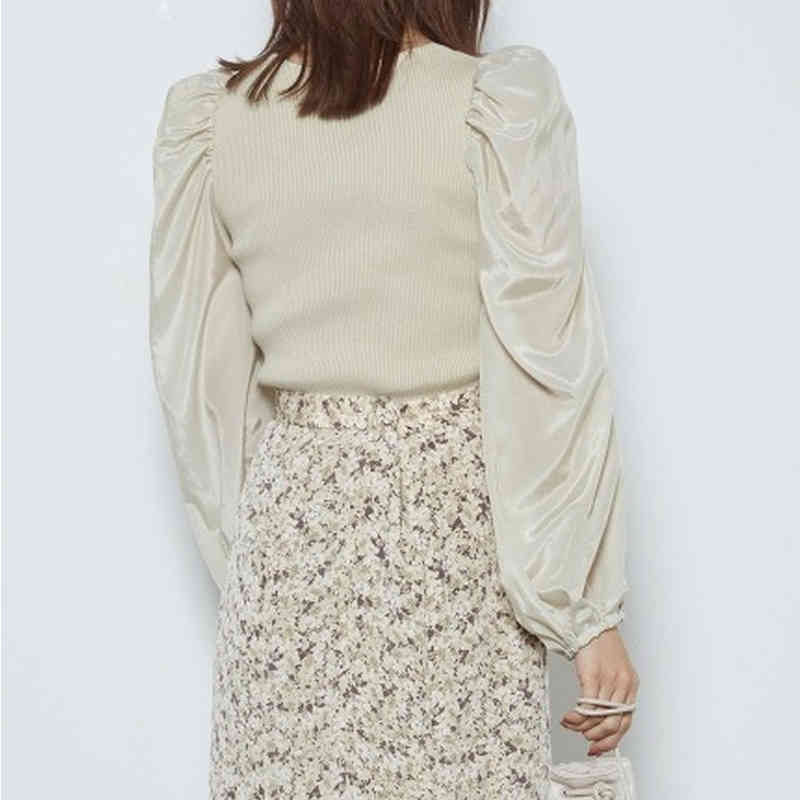 Sweet Sexy V-neck Puff Sleeve All Match Pullovers Chic Mesh Knit Patchwork Sweaters Japan Style Elegant Slim Women Tops 210524