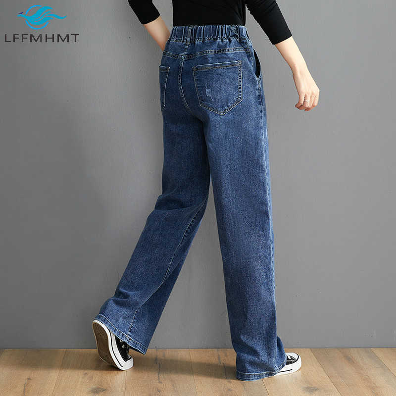 OYS 202 Elastic High Waist Women Denim Pants Office Lady Korean Simple Casual Loose Jeans Female Solid Color Vintage Trousers 210922