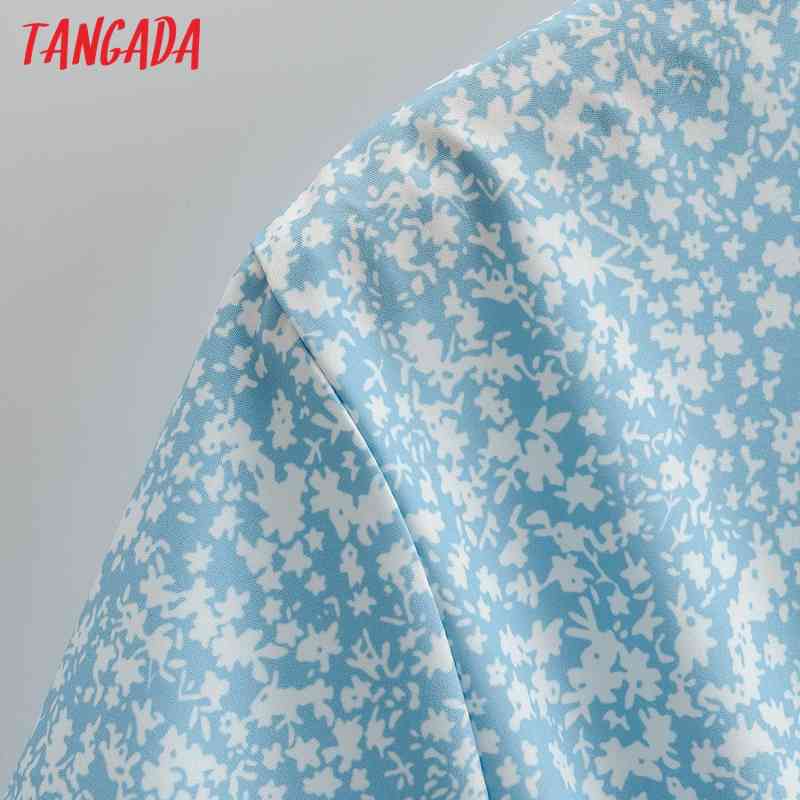 Summer Women Blue Floral Bow V Neck Short Sleeve Ladies Mini Dress Vestidos 1F115 210416