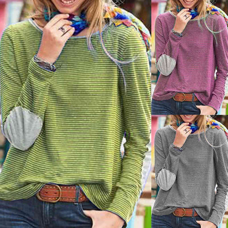 Women's Vintage Striped O-Neck Casual Spring Oversized T Shirt Harajuku Shirts Tops Ladies Plus Size Long Sleeve Pullover 210515