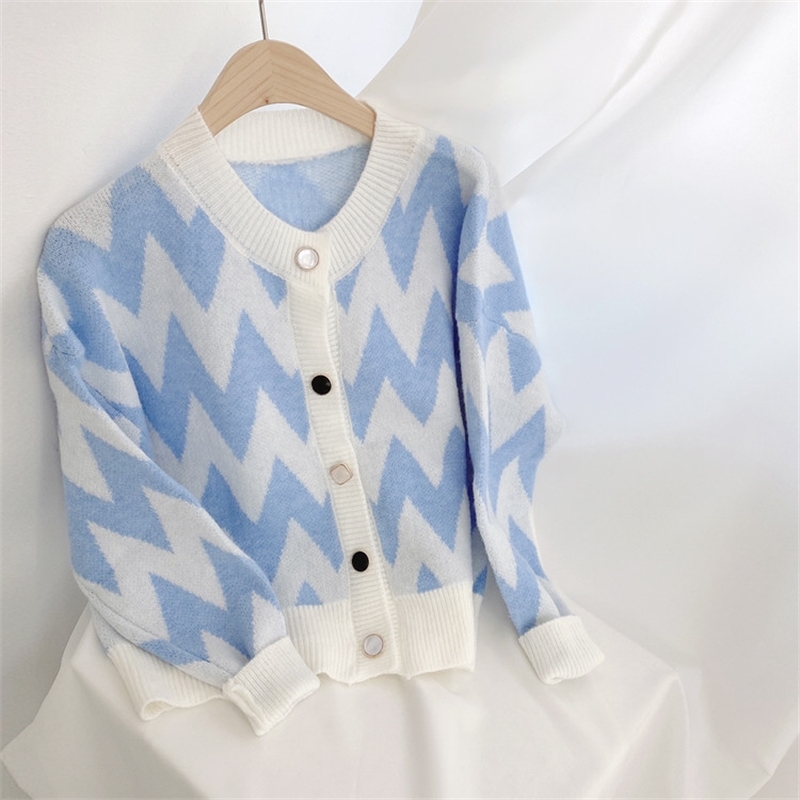 Geometric Knitted Korean Cardigans Sweaters Women Autumn Single Breasted Long Sleeve Tops Fashion Ladies Vintage Jumpers 210514