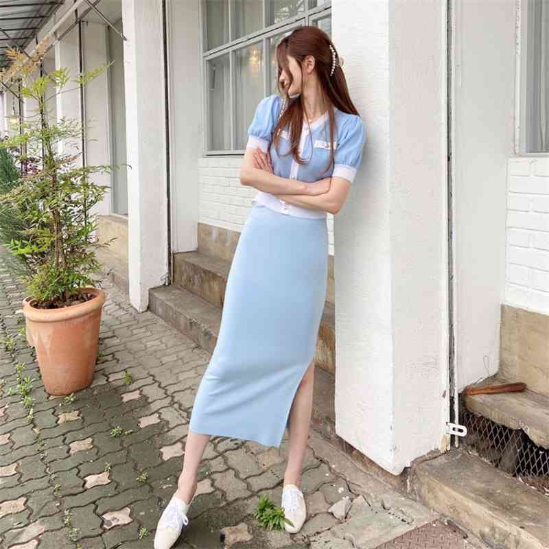 Fashion Korean Elegant Knitted 2 Pieces Sets Single Breasted Short Sleeve O-Neck Tops + High Waist Long Skirt Suit 210520
