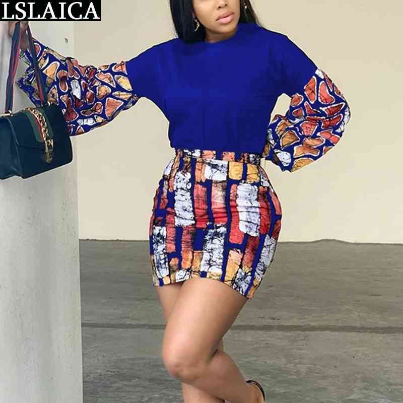 Fashion 2 Pc Set for Women Long Sleeve Tops Mini Skirts Print Patchwork Plus Size 2 Piece Autumn Streetwear Suit 210520