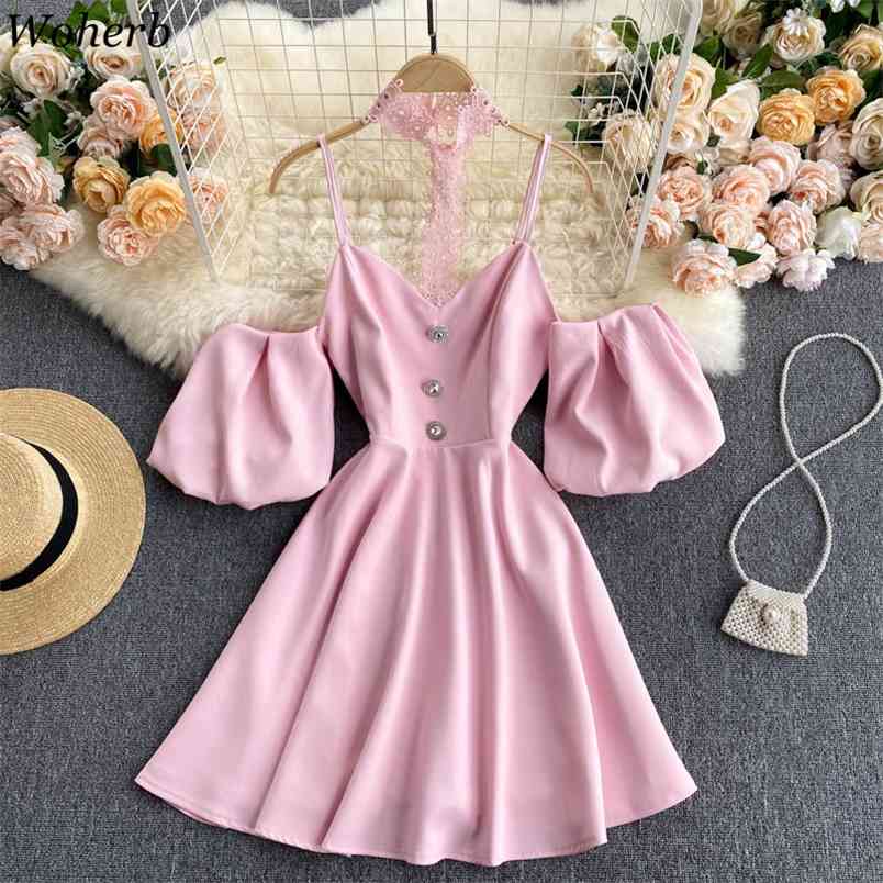 Women Elegant Halter Dress Vestidos Summer Vintage Puff Sleeve A Line Evening Party Dresses Ladies Lace Robe 210519