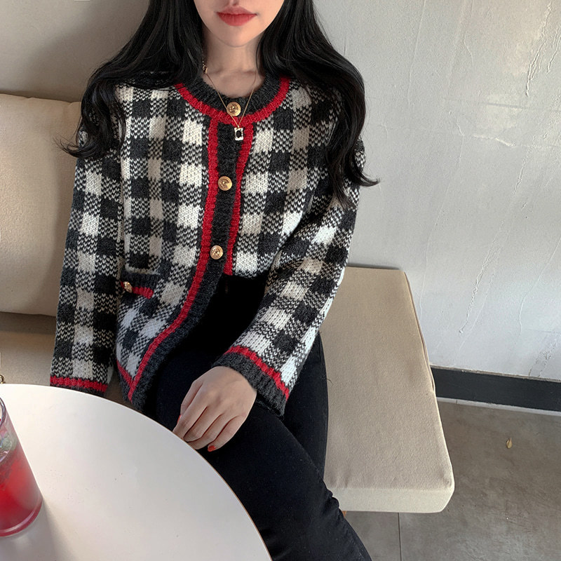 Korean Autumn Winter Knitted Sweaters Lady Vintage Plaid Knit Cardigan Female Fashion Sweater Coat for Women Clothing 210506