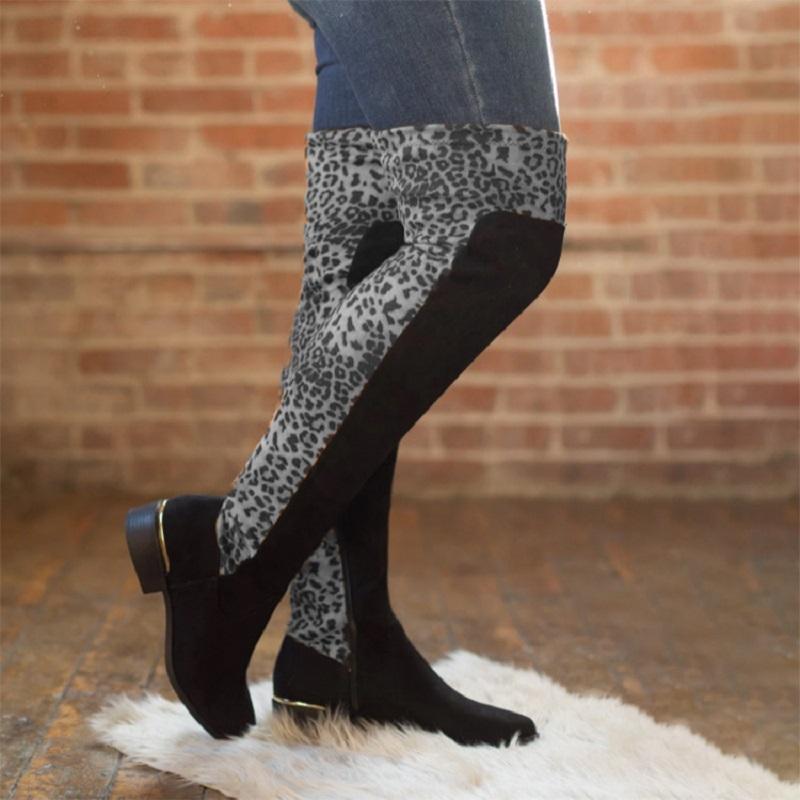 Elegant Women's Thigh High Boots - Round Toe, Comfortable Low Heels, Multiple Color Options Including Leopard