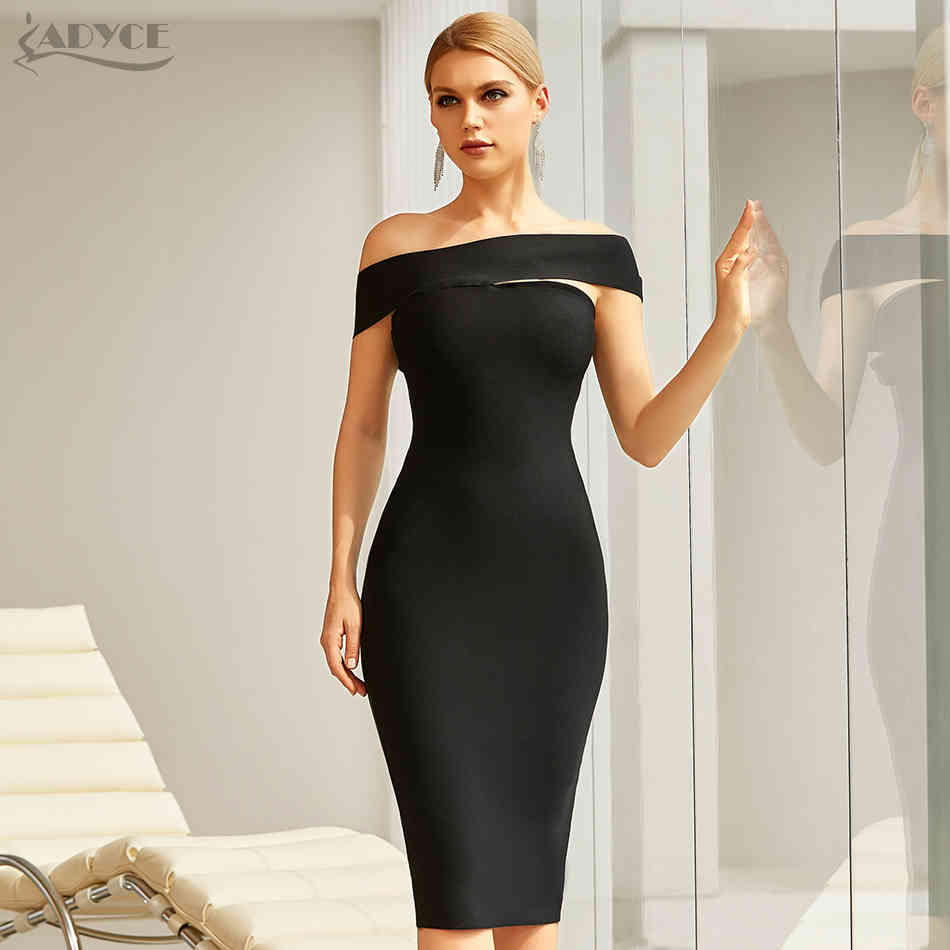 Summer Women Black Off Shoulder Bandage Dress Sexy Short Sleeve Knee Length Celebrity Evening Runway Party 210423