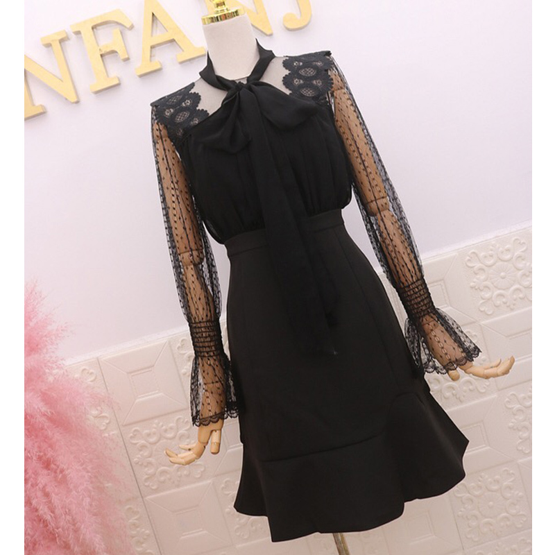 Party Black Bacless Dress Women Bow Collar Lace Poka Dot Patchwork Flare Sleeve Ruffle Robe Mini Vestido 210421