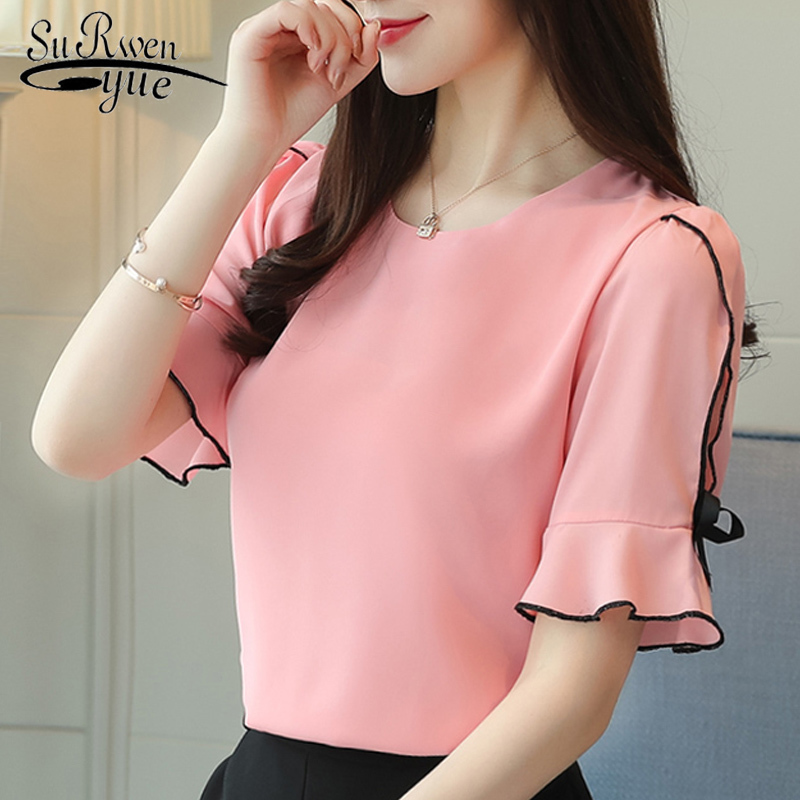 Fashion Chiffon Women Blouse Shirt Bow Short Sleeve Sweet Women's Clothing Pink O-neck Summer Feminine Tops Blusas D621 30 210508