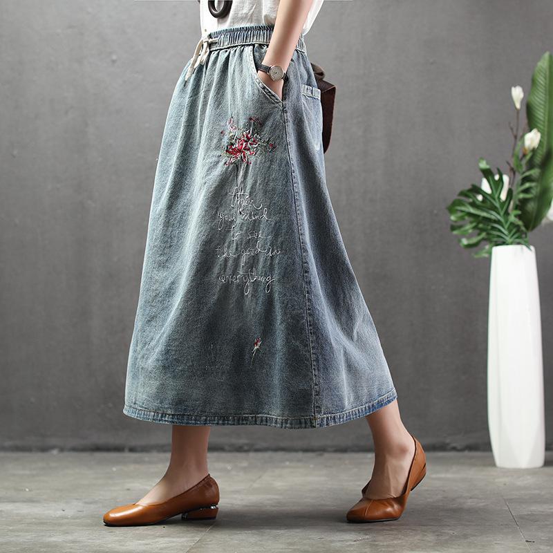 Skirts Summer Embroidery Midi Denim Skirt Women Vintage Art Elegant Plus Size Distress Elastic High Waist Loose Long Jean Female