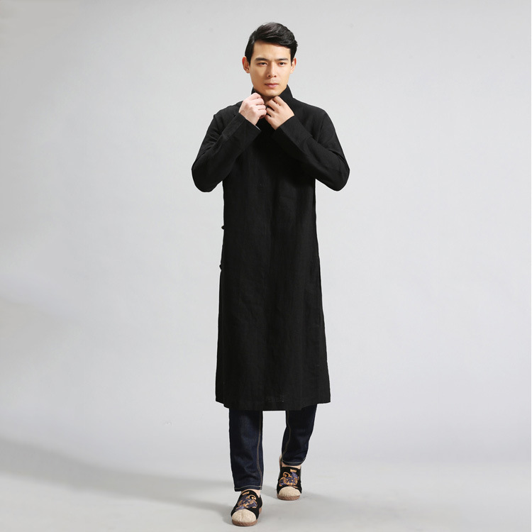 IEFB /men's wear Chinese style loose casual cotton linen black trench long coat men's diagonal cardigan clothes for male 9Y1231 210524