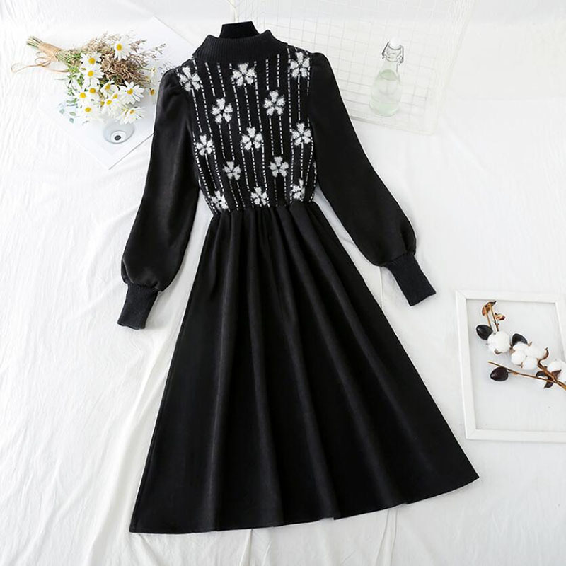 Spring Splicing Knitted Women Dress Half high collar Print Long Sleeve Dresses A-line Vintage Black Dress Vestidos 210521