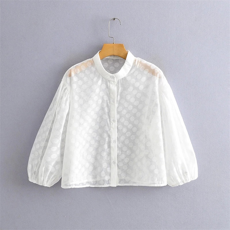 Summer Women Western Style Sexy Mesh Dots Round Neck Single-Breasted Tulle Blouse Shirt Female Top 210520, White
Summer Women Western Style Sexy Mesh Dots Round Neck Single-Breasted Tulle Blouse Shirt Female Top 210520, White