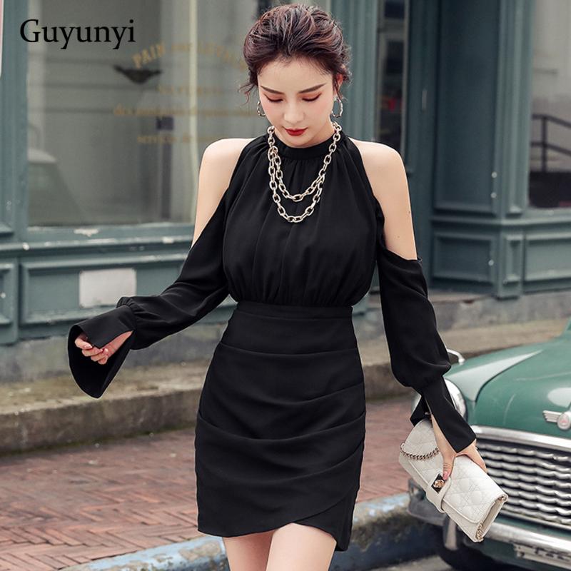 Casual Dresses Black Elegant Party Dress 2021 Spring Stand-Neck Strapless Flare Sleeve High Waist Mini Side Pleated Street