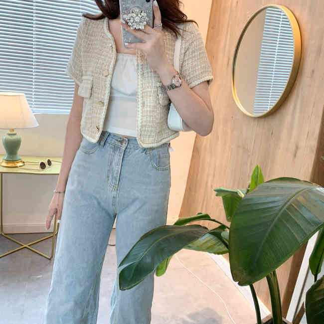 Coats & Jackets Summer Chic Korean V Neck Short Sleeve Plaid Woman Jacket Thin Wild Fashion Elegant Office Lady Sexy Sweet 210429