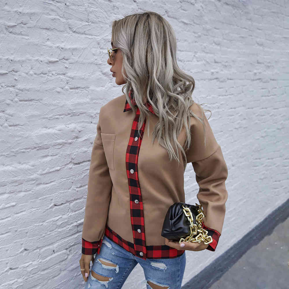 Jacket Black Casual Ladies Plaid Checkered Patchwork Buttons Autumn Winter Clothes Coat Women Outerwear New Fall Fashion 210415