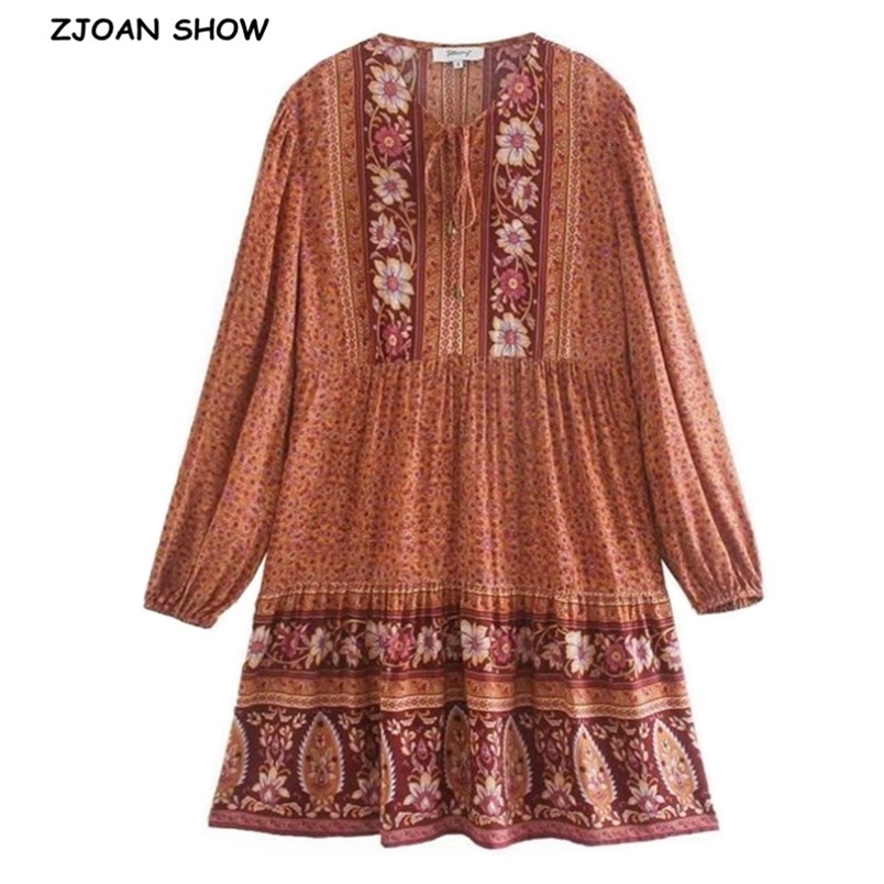 Bohemia Lacing up V neck Location Floral Print Lantern Long Sleeve Short Dress Hippie Woman Holiday Dresses BOHO Vestidos 210429