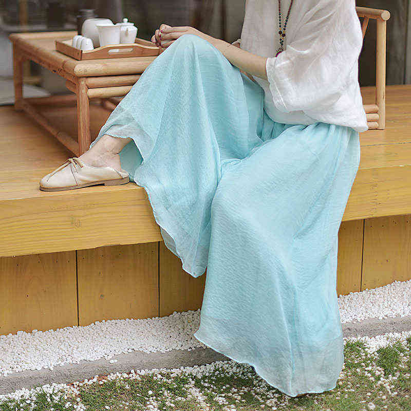 Women Elegant Solid Cotton Pants Korean Summer Retro High Waist Two Layer Wide Leg Pant Long Boho Trousers Female C- 071 211115