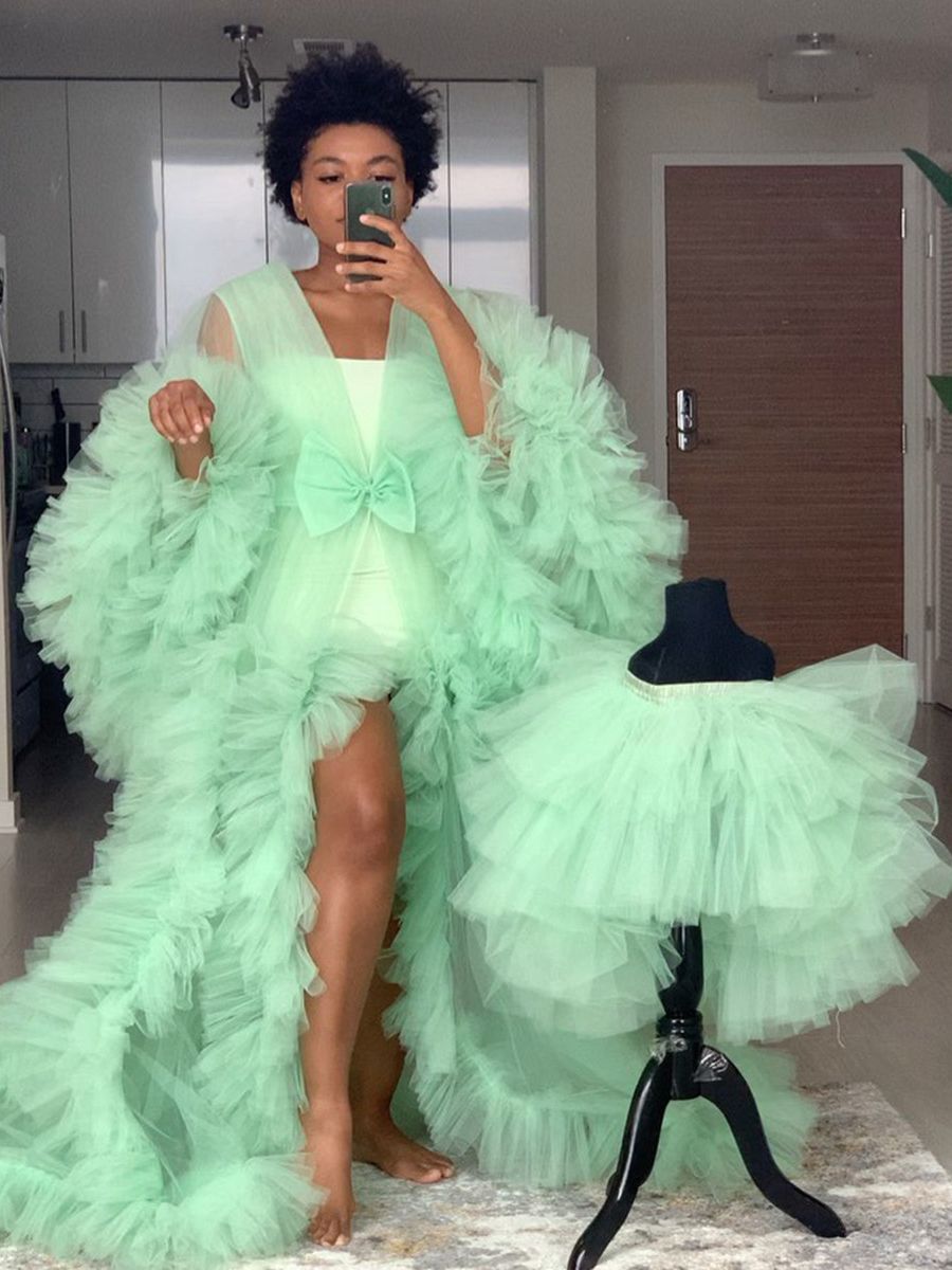 Mint Green Maternity Dresses V Neck Tulle Party Prom Gowns With Train For Photo Shoot Pregnant Women Robe