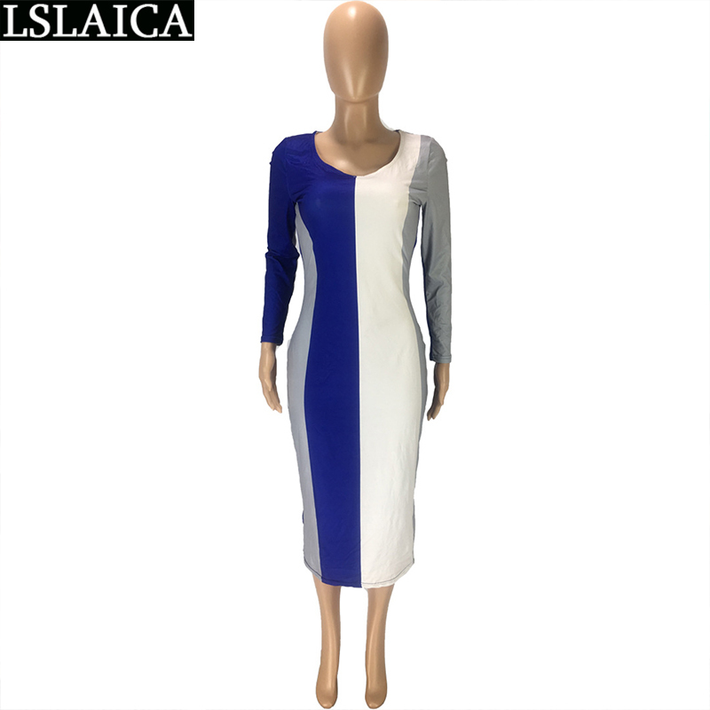 Fashion Woman Dress Patchwork O Neck Straight Sleeve Maxi Dresses for Women Skinny Sexy Streetwear Party Vestido De Mujer 210515