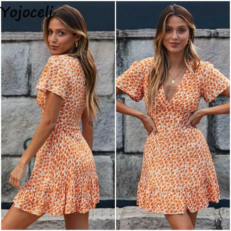 Yojoceli chic flower print v neck skater dres boho beach mini spring summer 210609