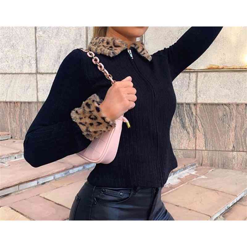 Vintage Faux Fur Leopard Lapel Rib Knitting Cardigan Women Long Sleeve Zipper Crop Sweater Short Slim Jumper Knitwear 210429