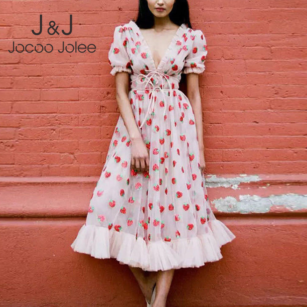 Casual Short Sleeve V Neck Lace Up A Line Dress Elegant StrawberryPrint Mesh Long Dress Women Summer Party Evening Dress 210518, Pink
Casual Short Sleeve V Neck Lace Up A Line Dress Elegant StrawberryPrint Mesh Long Dress Women Summer Party Evening Dress 210518, Pink