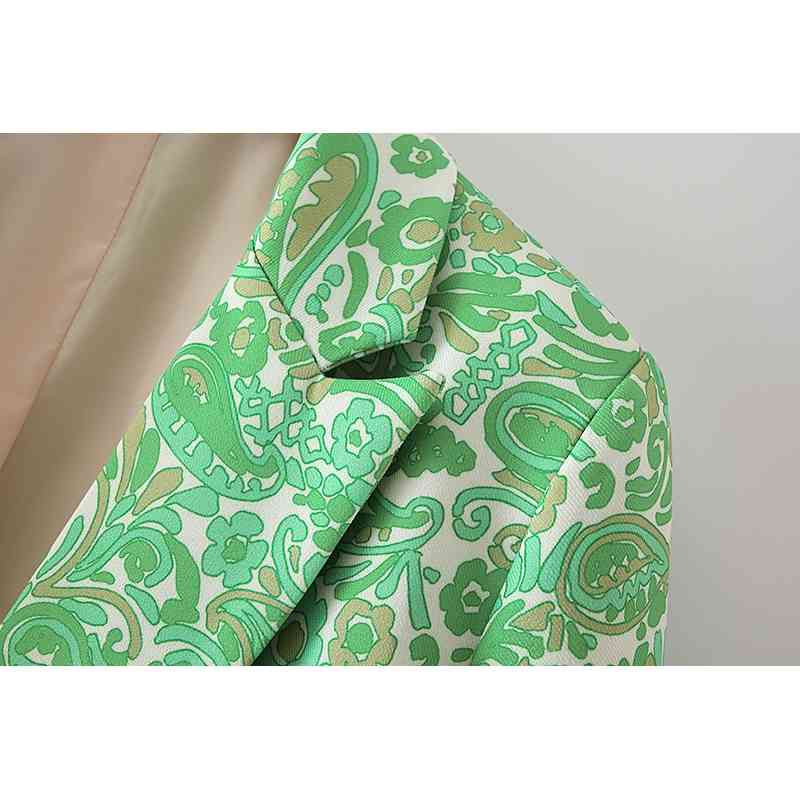 fashion girl floral print blazer office ladies pocket jackets casual female full sleeve suits green women chic sets 210430